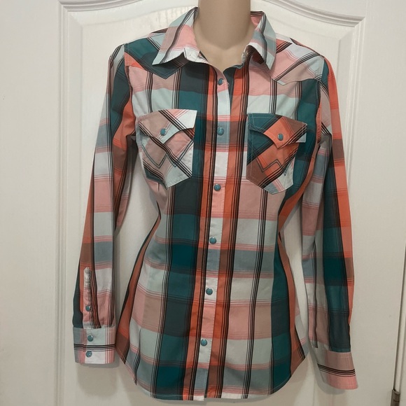 Wrangler Retro Teal and Orange Plaid Western Rodeo Turquoise Snap Shirt, Size S - Picture 2 of 9